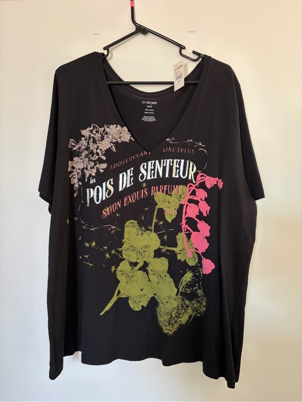 Lane Bryant Black V-Neck Tee with Pink and Olive Floral Graphic
